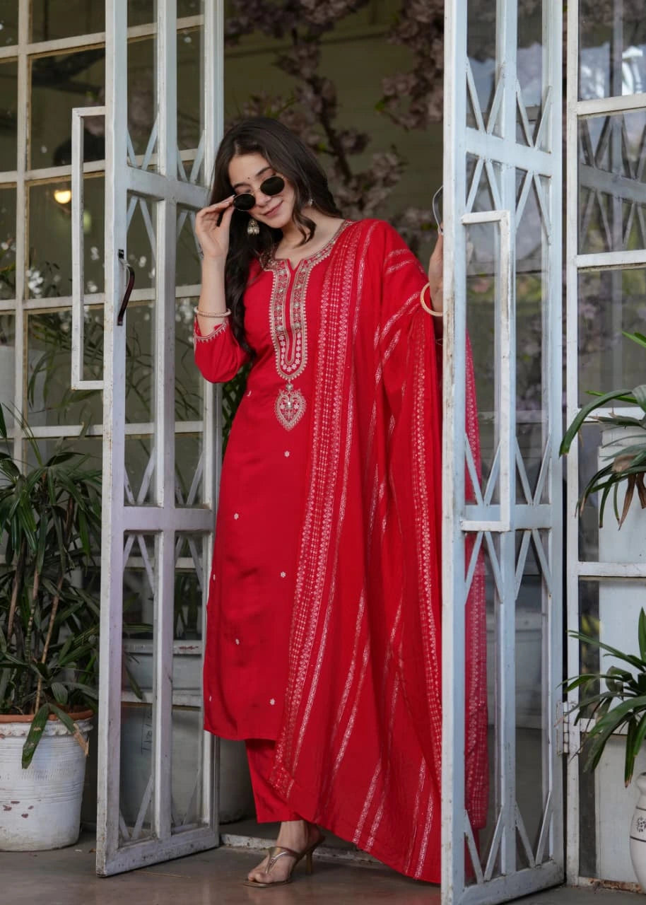 Red Heavy Chanderi Silk Kurti Kalyanja Fashion